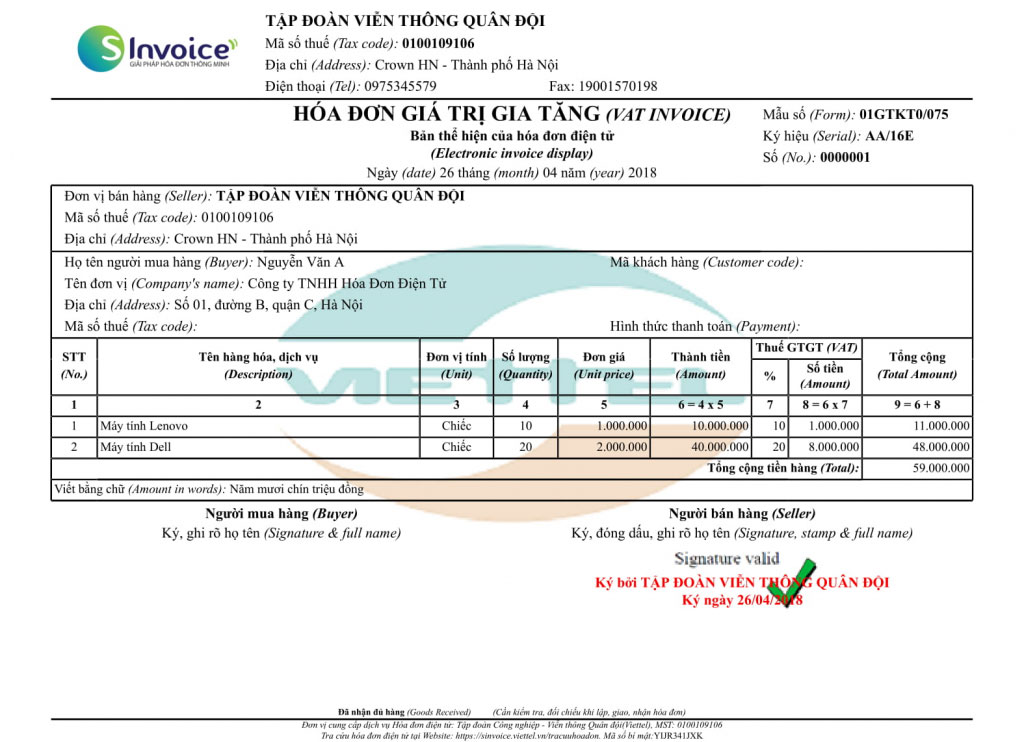 Mẫu hóa đơn điện tử đã thực hiện ký số điện tử
