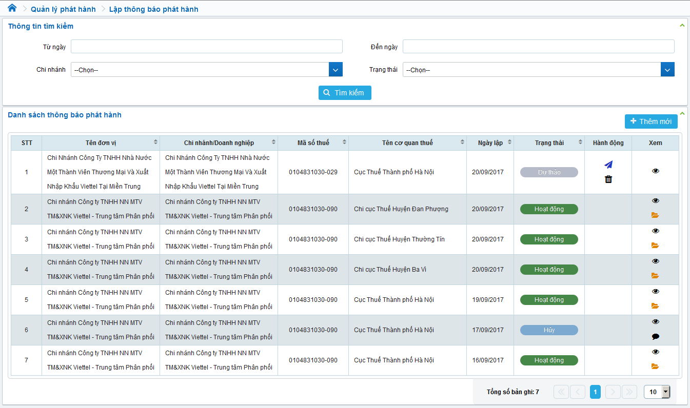 Màn hình chức năng Lập thông báo phát hành
