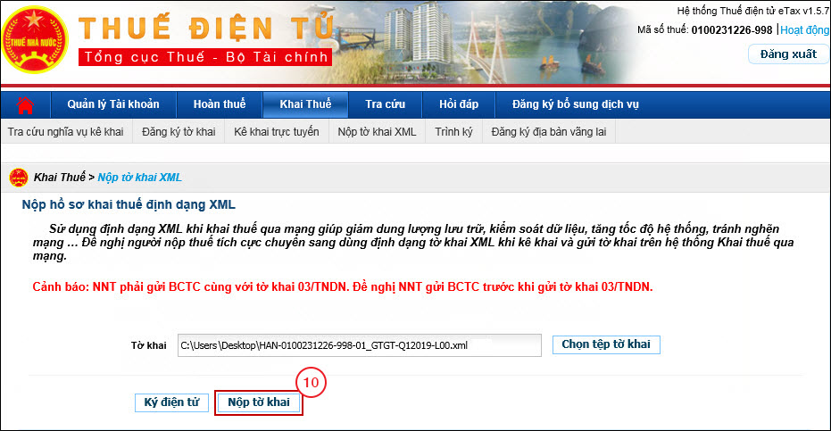 Bấm nút Nộp tờ khai đẻ gửi tờ khai lên cơ quan thuế